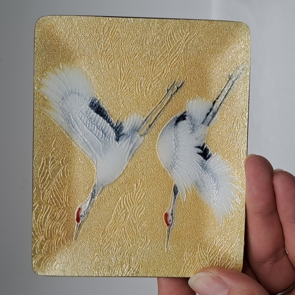 Vintage Japanese enamel on copper trinket dish with 2 cranes in flight - Picture 3 of 4